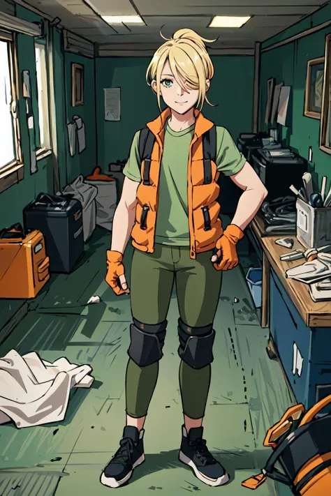 (masterpiece,best quality),1girl,hlmalex,((solo)),t-shirt,green shirt,green pants,(elbow pads:1.3),knee pads,vest,orange jacket,ponytail,hair over one eye,full body,facing viewer,happy,standing stiffly,indoors,in slum apartment,arms at sides,(holding chainsaw),fingerless gloves,<lora:AlexHLM:0.8>, <lora:LORA-XenoDetailer-v2:0.1>