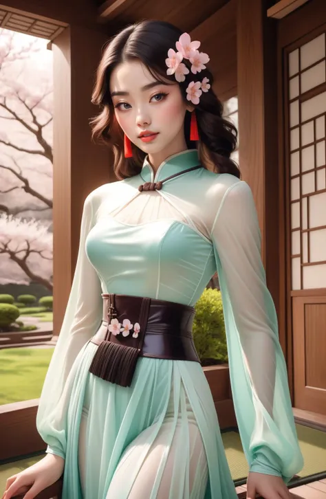 beautiful woman, wearing  <lora:DL-48:0.8> dr3ss, see through long sleeves, qi pao, large breasts indoors, ( Pre-Romanesque palace), high quality, best quality, high detail, 8k resolution, Japanese Zen Garden, Cherry Blossoms, Spring