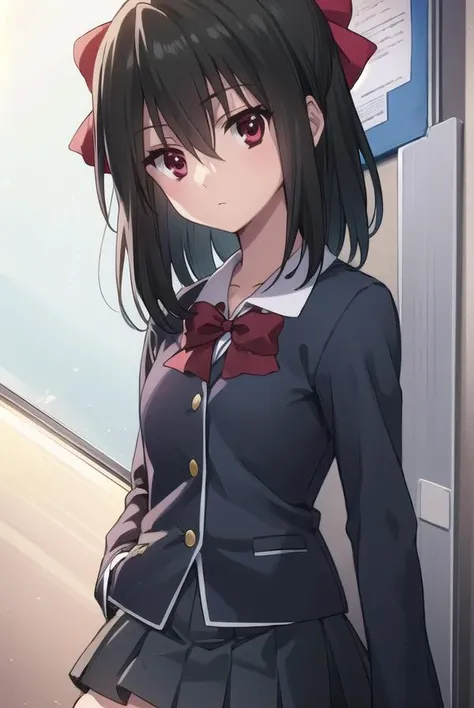 setsunakiyoura, <lora:setsuna kiyoura s1-lora-nochekaiser:1>,
setsuna kiyoura, black hair, (red eyes:1.5), hair bow, red bow,
BREAK skirt, thighhighs, school uniform, shoes, black thighhighs, zettai ryouiki, bow, red bow,
BREAK indoors, classroom,
BREAK looking at viewer, (cowboy shot:1.5),
BREAK <lyco:GoodHands-beta2:1>, (masterpiece:1.2), best quality, high resolution, unity 8k wallpaper, (illustration:0.8), (beautiful detailed eyes:1.6), extremely detailed face, perfect lighting, extremely detailed CG, (perfect hands, perfect anatomy),