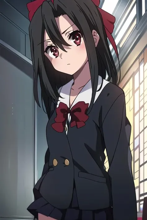 setsunakiyoura, <lora:setsunakiyoura-lora-nochekaiser:1>,
setsuna kiyoura, black hair, (red eyes:1.5), hair bow, red bow,
BREAK skirt, thighhighs, bow, school uniform, pleated skirt, shoes, black thighhighs, zettai ryouiki,
BREAK looking at viewer,
BREAK indoors, classroom,
BREAK <lora:GoodHands-vanilla:1>, (masterpiece:1.2), best quality, high resolution, unity 8k wallpaper, (illustration:0.8), (beautiful detailed eyes:1.6), extremely detailed face, perfect lighting, extremely detailed CG, (perfect hands, perfect anatomy),