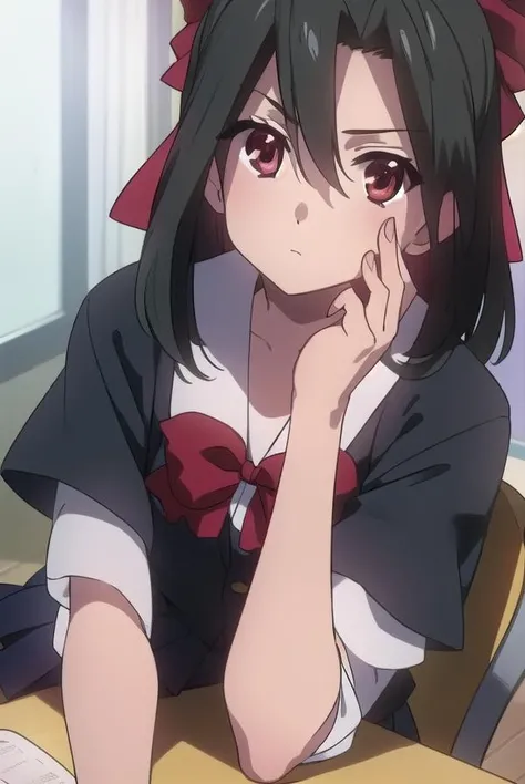 setsunakiyoura, <lora:setsunakiyoura-lora-nochekaiser:1>,
setsuna kiyoura, black hair, (red eyes:1.5), hair bow, red bow,
BREAK skirt, thighhighs, bow, school uniform, pleated skirt, shoes, black thighhighs, zettai ryouiki,
BREAK looking at viewer,
BREAK indoors, classroom,
BREAK <lora:GoodHands-vanilla:1>, (masterpiece:1.2), best quality, high resolution, unity 8k wallpaper, (illustration:0.8), (beautiful detailed eyes:1.6), extremely detailed face, perfect lighting, extremely detailed CG, (perfect hands, perfect anatomy),
