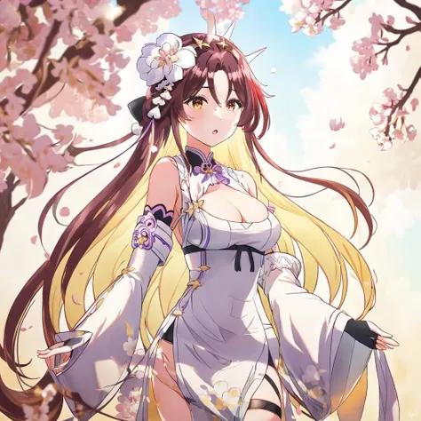 <lora:SaviorAdinLora:0.75>, SaviorAdin, white dress, detached sleeves, hair ornament, fingerless gloves, cleavage cutout, :O, confused, tilting head, looking at viewer, pov, sky background, sunny, atmospheric, wholesome, upper body shot