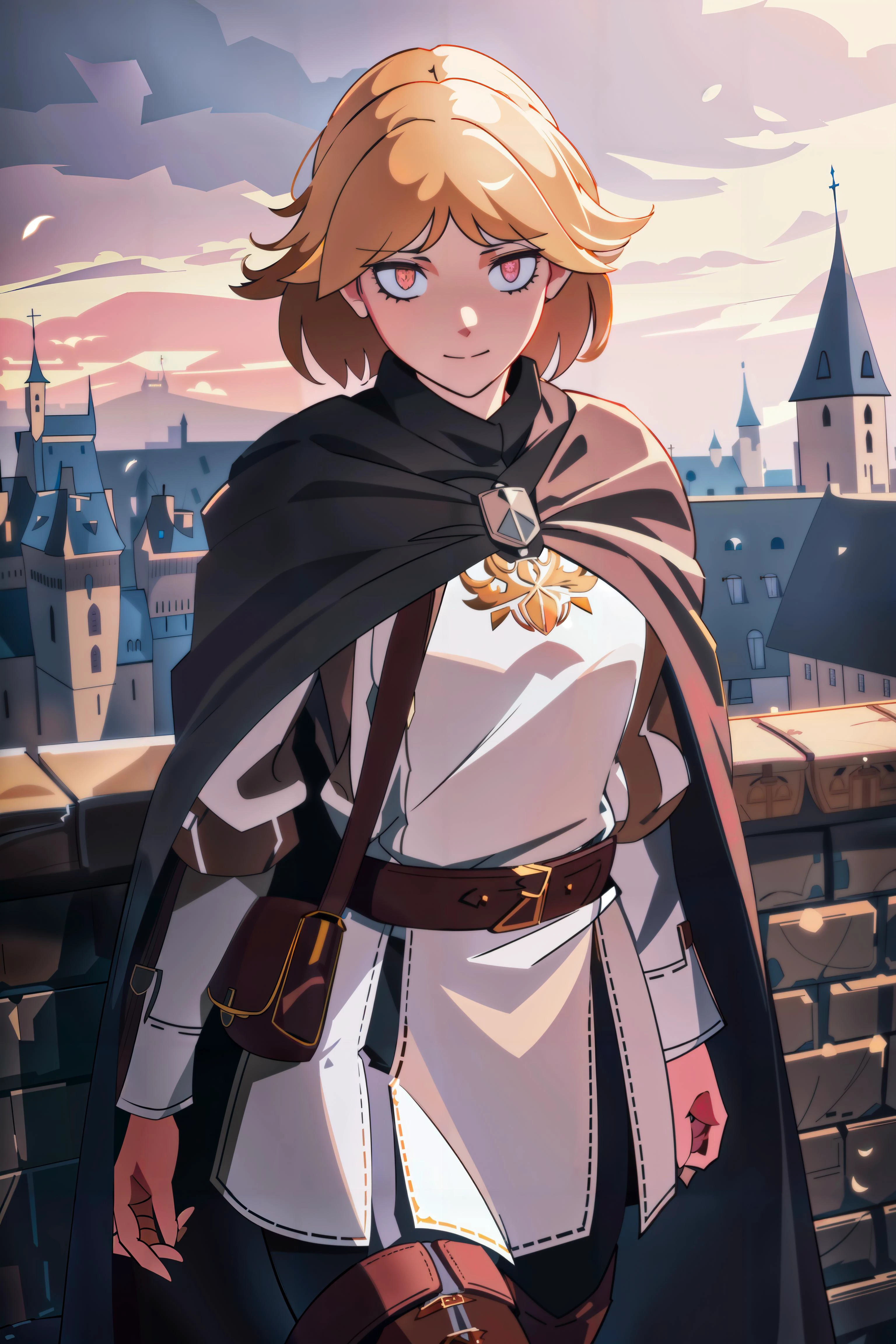solo, masterpiece, best quality, <lora:GoodHands-vanilla:1>, (ultra-detailed:1.2), intricate detail, realistic, 1girl on a castle wall, medieval castle, outdoors, gloomy lighting, (afternoon:1.2), <lora:Masterpiace:0>, <lora:NeiaDv3:1>, (neia, bags_under_eyes:1.4), white shirt, black cloak, brown pants, thigh boots, belt, small pupils, eye bags, smile