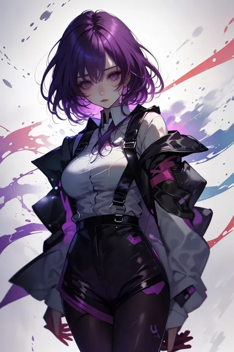 (Acclaimed Photo:1.3) of (Simple illustration:1.3) a photo of a woman, <lora:KafkaV1.0-000003:0.8> KafkaHSR, purple hair, purple eyes, black shorts, purple pantyhose, jacket, white shirt, purple gloves, pant suspenders,,Highly Detailed,(Muted Colors:1.3),(close portrait:1.3),(Feminine:1.4),(beautiful:1.4),(attractive:1.3),handsome,calendar pose,perfectly detailed eyes,studio lighting,thematic background, <lora:LCM_LoRA_Weights_SD15:1>