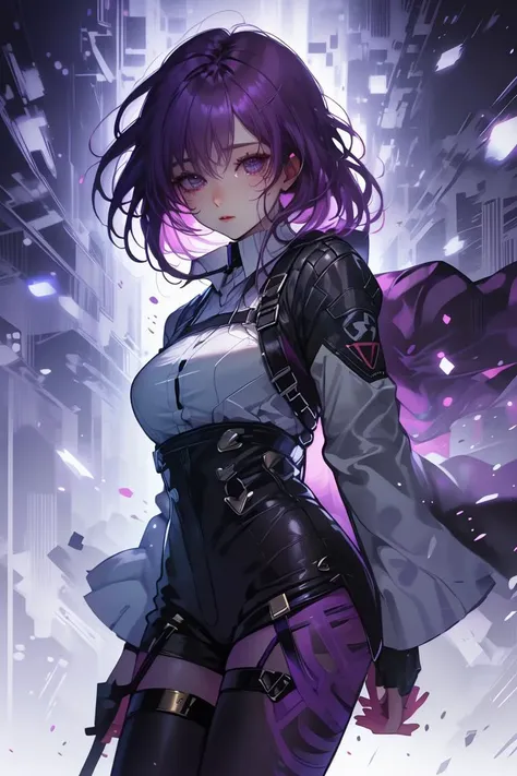 (Artificial Photo:1.3) of (Illustration:1.3) a photo of a woman, <lora:KafkaV1.0-000003:0.8> KafkaHSR, purple hair, purple eyes, black shorts, purple pantyhose, jacket, white shirt, purple gloves, pant suspenders,,Highly Detailed,(One Color:1.3),(close portrait:1.3),(Feminine:1.4),(beautiful:1.4),(attractive:1.3),handsome,calendar pose,perfectly detailed eyes,studio lighting,thematic background, <lora:LCM_LoRA_Weights_SD15:1>