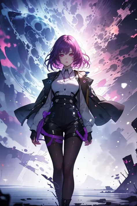 (Magical Digital Artwork:1.3) of (Visual novel:1.3) a photo of a woman, <lora:KafkaV1.0-000003:0.8> KafkaHSR, purple hair, purple eyes, black shorts, purple pantyhose, jacket, white shirt, purple gloves, pant suspenders,,CGSociety,ArtStation,(Saturated:1.3),(close portrait:1.3),(Feminine:1.4),(beautiful:1.4),(attractive:1.3),handsome,calendar pose,perfectly detailed eyes,studio lighting,thematic background, <lora:LCM_LoRA_Weights_SD15:1>