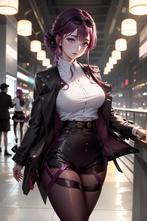 1girl, beautiful woman, focus, masterpiece, detailed, (extreme details, highres, absurdres:1.1), 4k, 8k, cinematic, CGI, high quality, indoors, detailed background, vibrant colors,
<lora:KafkaV1.0-000003:.9> KafkaHSR, purple hair, purple eyes, black shorts, purple pantyhose, jacket, white shirt