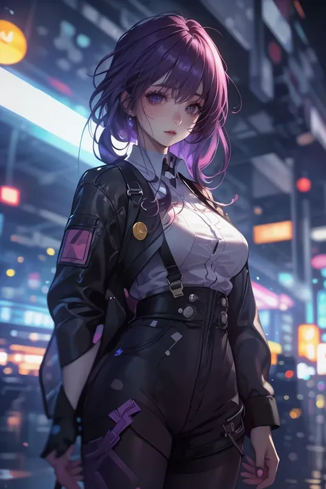 (Recycled Professional 3D rendering:1.3) of (Simple illustration:1.3) a photo of a woman, <lora:KafkaV1.0-000003:0.8> KafkaHSR, purple hair, purple eyes, black shorts, purple pantyhose, jacket, white shirt, purple gloves, pant suspenders,,CGSociety,ArtStation,(Kodachrome:1.3),(close portrait:1.3),(Feminine:1.4),(beautiful:1.4),(attractive:1.3),handsome,calendar pose,perfectly detailed eyes,studio lighting,thematic background, <lora:LCM_LoRA_Weights_SD15:1>