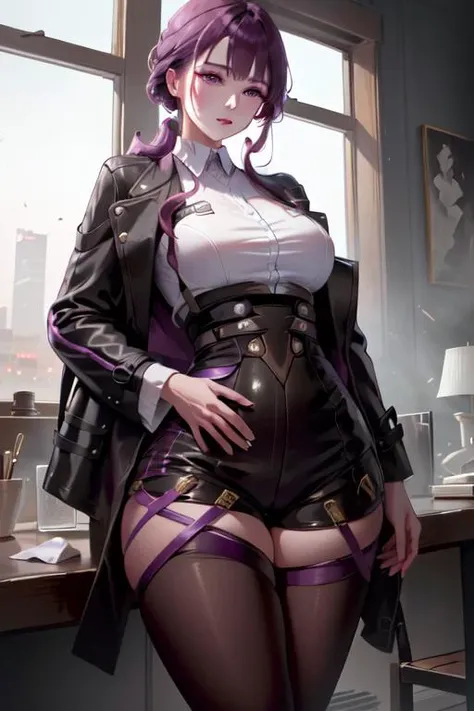 1girl, beautiful woman, focus, masterpiece, detailed, (extreme details, highres, absurdres:1.1), 4k, 8k, cinematic, CGI, high quality, indoors, detailed background, vibrant colors,
<lora:KafkaV1.0-000003:.9> KafkaHSR, purple hair, purple eyes, black shorts, purple pantyhose, jacket, white shirt
