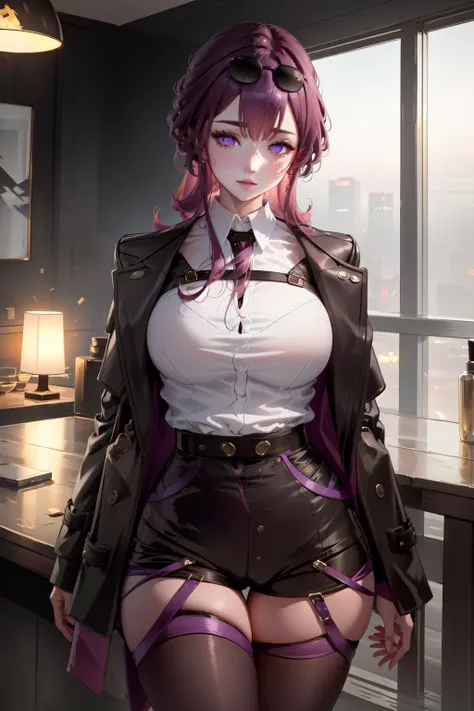 1girl, beautiful woman, focus, masterpiece, detailed, (extreme details, highres, absurdres:1.1), 4k, 8k, cinematic, CGI, high quality, indoors, detailed background, vibrant colors,
<lora:KafkaV1.0-000003:.9> KafkaHSR, purple hair, purple eyes, black shorts, purple pantyhose, jacket, white shirt