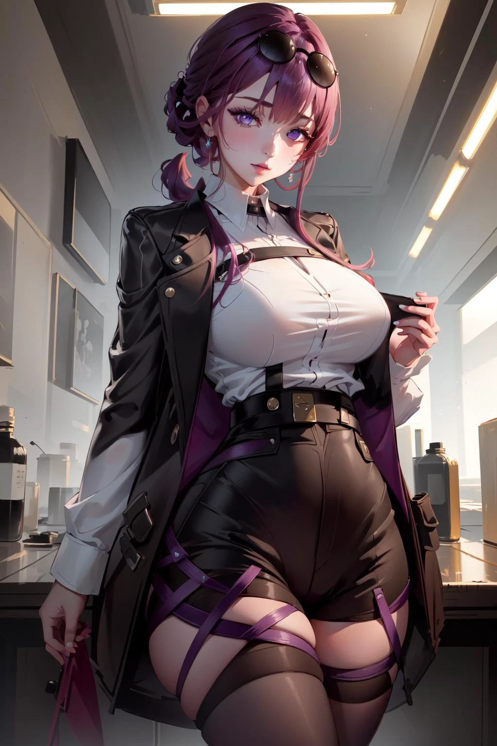 1girl, beautiful woman, focus, masterpiece, detailed, (extreme details, highres, absurdres:1.1), 4k, 8k, cinematic, CGI, high quality, indoors, detailed background, vibrant colors,
<lora:KafkaV1.0-000003:.9> KafkaHSR, purple hair, purple eyes, black shorts, purple pantyhose, jacket, white shirt