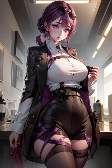 1girl, beautiful woman, focus, masterpiece, detailed, (extreme details, highres, absurdres:1.1), 4k, 8k, cinematic, CGI, high quality, indoors, detailed background, vibrant colors, 
<lora:KafkaV1.0-000003:.9> KafkaHSR, purple hair, purple eyes, black shorts, purple pantyhose, jacket, white shirt