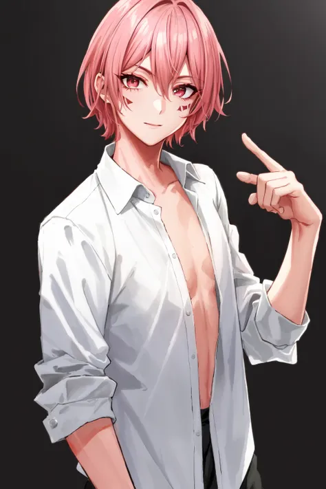 Highres, Masterpiece, Best quality at best,Best Quality,hight quality, hight detailed, Anime style, 1boy, Boy, Shota, ( boys), (showing two armpit:1.3), Bunny boy, Bunny ear, Pink hair, Navel piercing, Collar, Earring, Hotpants, Shirtless, Topless, Bare chest, Slim body, choker, Shy, body full of sweat, Simple beckground, (very thin body), (very y (very small and short body), Depth field, Anime screencap style, Uhd