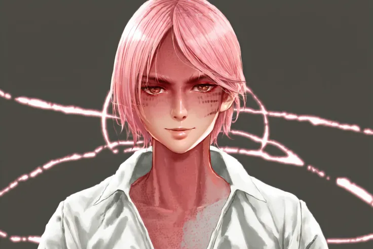 <lora:Technoblade_Avatar:1>  (masterpiece, best illustration), 1boy, solo, male focus, deep brown eyes, light pink hair, (colored skin, pink skin, red face paint, pink body paint),  glittery skin, shirt, white shirt, open shirt,  looking at viewer, (dynamic angle),[bottle bottom], (wide shot), depth of field, alchemic symbols background, extreme light and shadow, side lighting, (solo), (best lighting), rim lighting, Technoblade, youtuber,