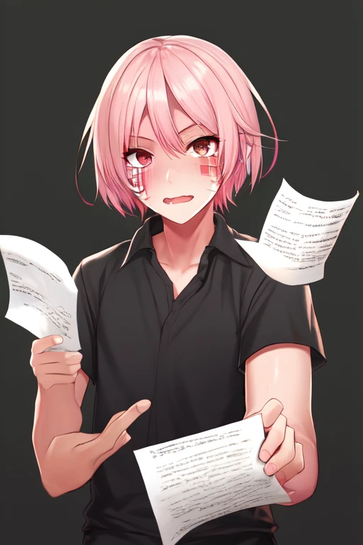 <lora:Technoblade_Avatar:.7>  (masterpiece, best illustration), 1boy, solo, male focus, brown eyes, pink and blonde hair, looking at viewer, shirt, colored skin,  tusks from bottom lip, red and pink gradient face paint, dripping pink face paint, shiny skin, glittery skin,throwing papers around, papers flying, depth of field, sci fi background, extreme light and shadow, rim lighting,