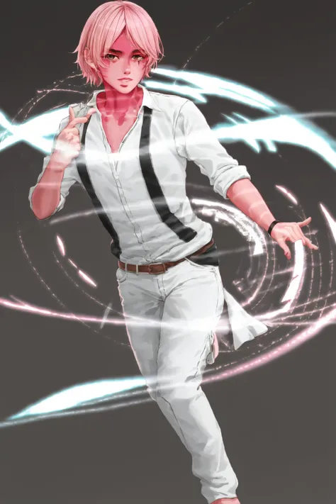 <lora:Technoblade_Avatar:1> (masterpiece, best illustration), 1boy, solo, male focus, deep brown eyes, light pink hair, (colored skin, pink skin, red face paint, pink body paint), glittery skin, shirt, white shirt, open shirt, looking at viewer, full body, (dynamic angle), depth of field, alchemic symbols background, extreme light and shadow, side lighting, (solo), (best lighting), rim lighting, Technoblade, youtuber,