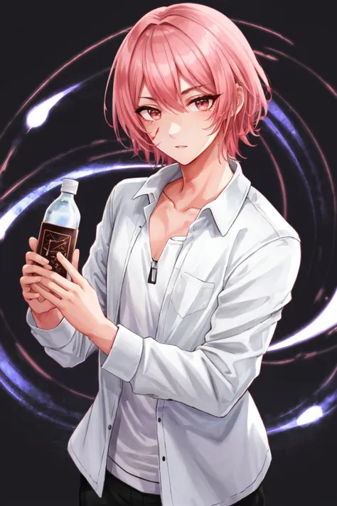 <lora:Technoblade_Avatar:.7>  (masterpiece, best illustration), 1boy, solo, male focus, deep brown eyes, light pink hair, colored skin, pink skin, red face paint, pink body paint,  glittery skin, shirt, white shirt, open shirt,  looking at viewer, (dynamic angle),[bottle bottom], (wide shot), depth of field, alchemic symbols background, extreme light and shadow, side lighting, (solo), (best lighting), rim lighting, Technoblade, youtuber,