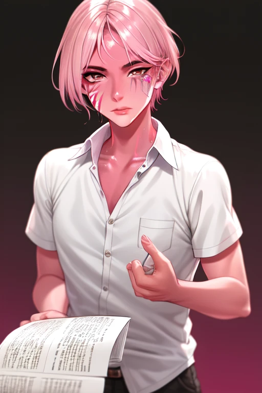 <lora:Technoblade_Avatar:.7> (masterpiece, best illustration), 1boy, solo, male focus, brown eyes, pink and blonde hair, looking at viewer, shirt, colored skin, tusks from bottom lip, red and pink gradient face paint, dripping pink face paint, shiny skin, glittery skin,throwing papers around, papers flying, depth of field, sci fi background, extreme light and shadow, rim lighting,