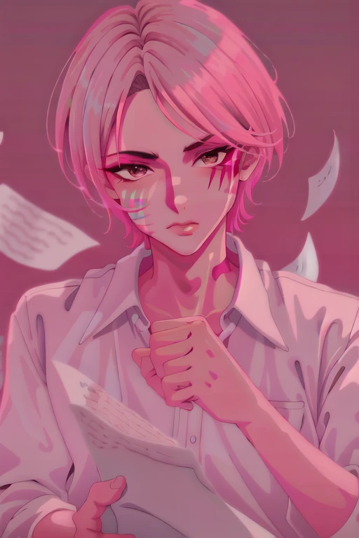 <lora:Technoblade_Avatar:.7> (masterpiece, best illustration), 1boy, solo, male focus, brown eyes, pink and blonde hair, looking at viewer, shirt, colored skin, tusks from bottom lip, red and pink gradient face paint, dripping pink face paint, shiny skin, glittery skin,throwing papers around, papers flying, depth of field, sci fi background, extreme light and shadow, rim lighting,