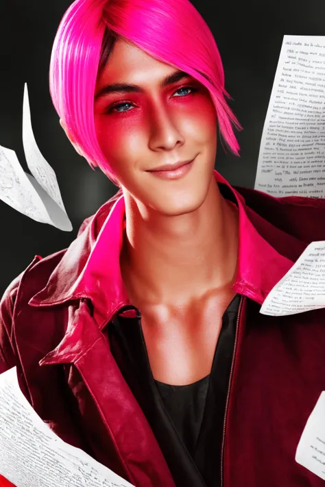 <lora:Technoblade_Avatar:.7>  (masterpiece, best illustration), 1boy, solo, male focus, brown eyes, pink and blonde hair, looking at viewer, shirt, colored skin,  tusks from bottom lip, red and pink gradient face paint, dripping pink face paint, shiny skin, glittery skin,throwing papers around, papers flying, depth of field, sci fi background, extreme light and shadow, rim lighting,