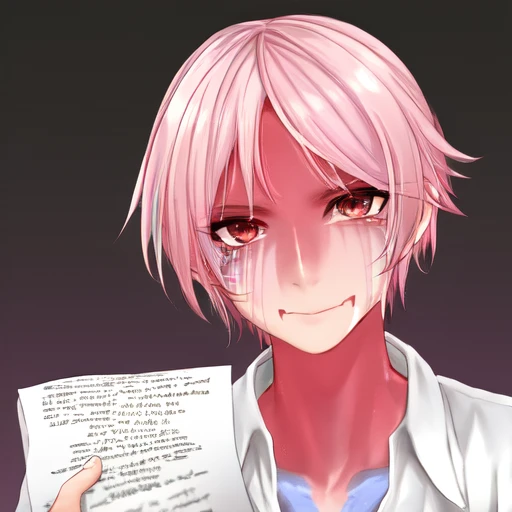 <lora:Technoblade_Avatar:1> (masterpiece, best illustration), 1boy, solo, male focus, brown eyes, pink and blonde hair, looking at viewer, shirt, colored skin, tusks from bottom lip, red and pink gradient face paint, dripping pink face paint, shiny skin, glittery skin,throwing papers around, papers flying, depth of field, sci fi background, extreme light and shadow, rim lighting,