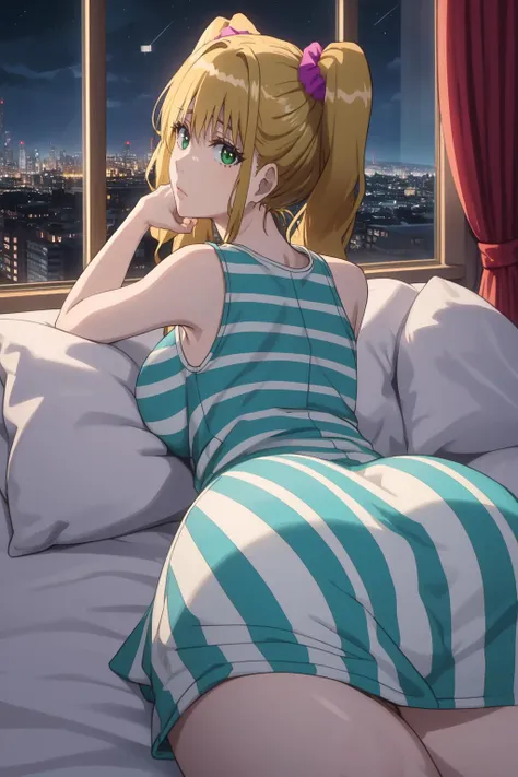 highres, high quality, masterpiece, intricate details, cinematic lighting,
NikaidoNao, 1girl, mature female,  solo, lying, on stomach, pov, leaning forward, 
looking at viewer, sleepy, tired,
green eyes, blonde hair, long hair, twintails, hair scrunchie,
breasts, thighs, curvy, ass, legs,
striped dress, sleeveless, 
room, window, night,
<lora:NikaidoNao:0.95>