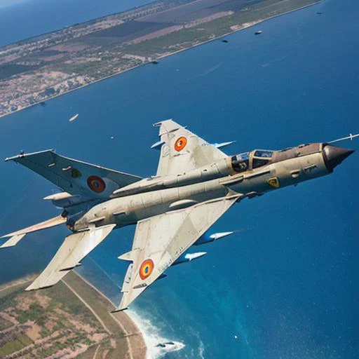 analog gloomy aerial photo of a Mig-21, city ruins, High Detail, Sharp focus, (photorealism), realistic, best quality, 8k, award winning, dramatic lighting, epic, cinematic, masterpiece, rim light, action , war, <lora:MIG_21:0.76>, (((ocean))), (((sea)))