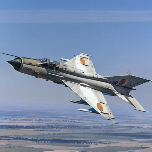 analog gloomy aerial photo of a Mig-21, city ruins, High Detail, Sharp focus, (photorealism), realistic, best quality, 8k, award winning, dramatic lighting, epic, cinematic, masterpiece, rim light, action , war, <lora:MIG_21:0.76>, (((desert))), (((desert storm)))