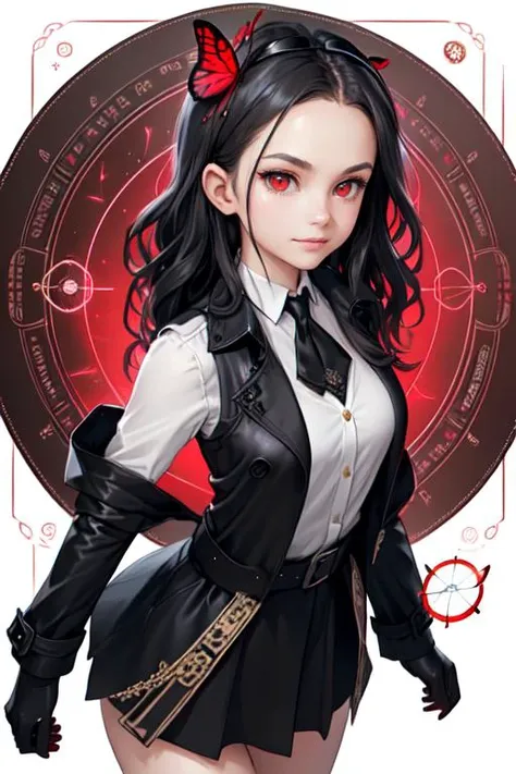 masterpiece, (best quality:1.1), (1girl), solo, cowboy shot, (finely detailed eyes and detailed face:1.3), (illustration:1.1), field of depth, (extremely fine and beautiful:1.1), (black trench coat + beautiful detailed black vest + white shirt:1.1 + black tie + black skirt + black flower on head + black gloves), (white_hair + medium_hair + wavy_hair), (red eyes:1.1),small_medium breasts, eyelashes, , pale skin, evil smile, beautiful detailed fallen small city + detailed ruin, many object, beautiful and clear background:1.2, renegade, evil, ((Red butterflies flying|around the character:1.3 + red light particles:1.15), ((perfect magic circle:1.3)), many object<lora:SilvermoonMix01V1.1:1>