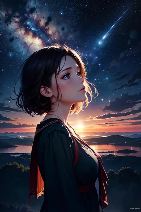 absurdres, highres, (official art, beautiful and aesthetic:1.2), close view,
1girl, shining sky, vast world, gazing, awe-inspiring expression, distant horizon, clouds, high hill, natural beauty, inspiration, night sky, Shining Stars,<lora:minimalistAnimeStyle_v10:-0.2> <lora:Silicon-landscape-isolation:0>