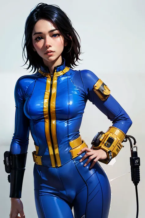 masterpiece, high quality, white background, <lora:VaultSuit13_v07:0.8> 1girl, vaultsuit, pipboy3000 on left arm, fallout, black long hair