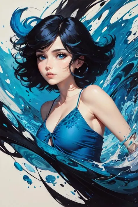 (abstract art:1.3), (style of rebecca guay:1.15), (blue theme:1.2), 1girl, black hair, blue eyes, sundress, best quality, masterpiece, beautiful, <lora:Healing:0.6>