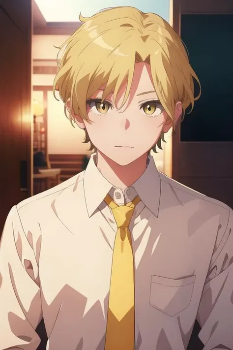 masterpiece, best quality, illustration, 1boy, solo, male focus, looking at viewer, upper body, , <lora:hijiri_koganei:0.70>, hijiri_koganei, blonde hair, yellow eyes, formal, necktie, dress shirt,