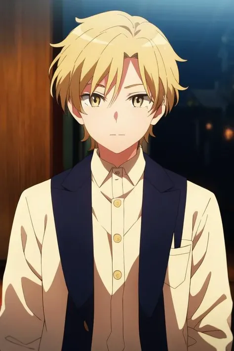 masterpiece, best quality, , 1boy, solo, male focus, looking at viewer, upper body, , <lora:hijiri_koganei:0.74>, hijiri_koganei, blonde hair, yellow eyes, jacket,