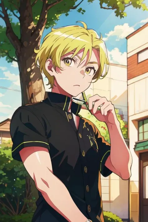 masterpiece, best quality, high quality, 1boy, solo, male focus, looking at viewer, <lora:MatsunoChifuyu-10:0.67>, chifuyu matsuno, blonde hair, short hair, earrings, jewelry, bangs, hair between eyes, single earring, green eyes, undercut, military uniform, military hat, open shirt, undressing, locker room,