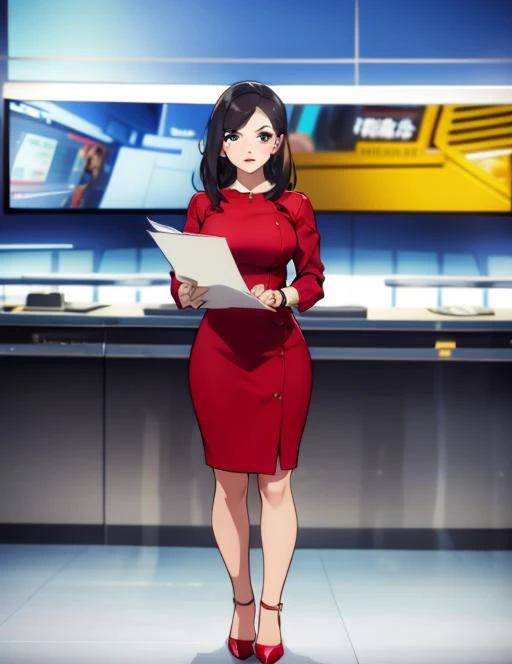 JS_News,leading news,in news studio,big screen in the background,1girl,standing,papers in hands,red dress,full body,  <lora:JS_NewsV1:0.79>