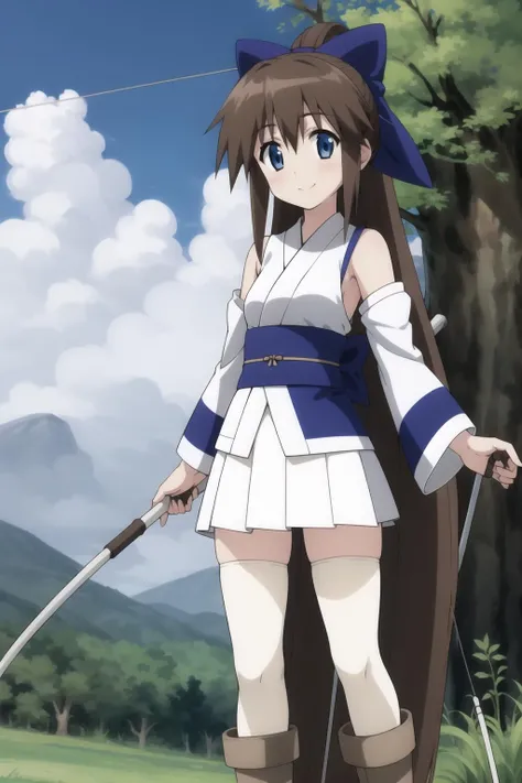 rin, 1girl, solo, thighhighs, head_out_of_frame, white_thighhighs, skirt, zettai_ryouiki, sky, day, japanese_clothes, fishing_rod, outdoors, pleated_skirt, blue_sky, giant, standing, tree, cloud, giantess, weapon, detached_sleeves, food, holding, staff, white_skirt, smile, bare_shoulders, panties, bow, fishing, boots, fruit