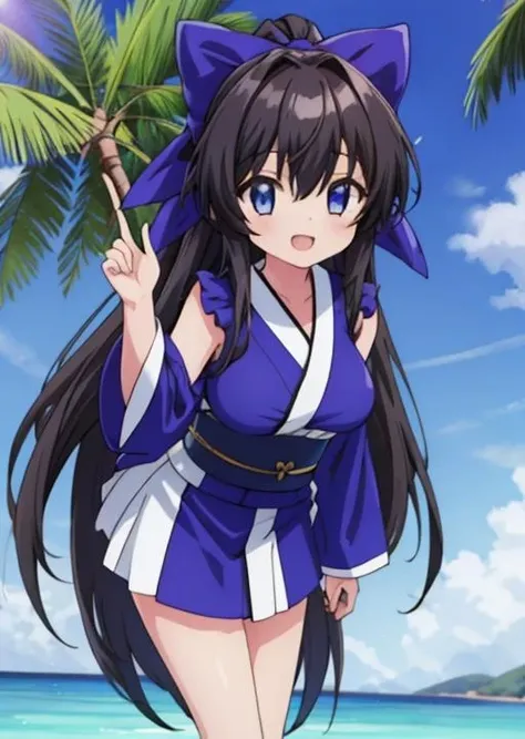 masterpiece, best quality, highres, sunshine,ocean,big cloud,1girl, <lora:Suzu_multimerge5:0.7>,suzu,black longhair,blue large bow,blue kimono,normal breasts,open mouth smile,stylish pose,cinematic angle,palm tree, uninhabited island,<lora:GoodHands-vanilla:0.8> <lora:anmnr01:0.3> <lora:add_detail:0.5>