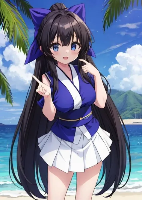 masterpiece, best quality, highres, sunshine,ocean,big cloud,1girl, <lora:Suzu_multimerge5:0.7>,suzu,14yo,black longhair,blue large bow,blue kimono,white pleats skirt,normal breasts,open mouth smile,stylish pose,cinematic angle,palm tree, beach of uninhabited island,<lora:GoodHands-vanilla:0.8> ,<lora:anmnr01:0.3>, <lora:add_detail:0.5>