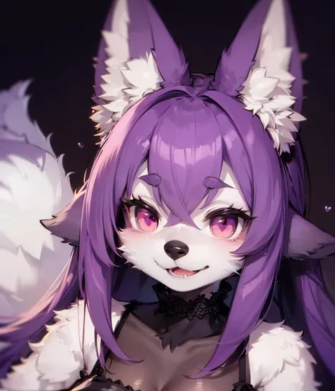 (fluffy anthro furry:1.3), small breasts, 1girl, solo, purple hair, (multicolored eyes:1.2), fox ears, black dress<hypernet:furry_kemono:1>