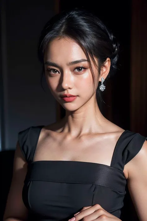 (smile:0.5), black updo hair, women posing for a photo, good hand,4k, high-res, realistic:1.8, head:1.3,((Hasselblad photography)), finely detailed skin, sharp focus, (cinematic lighting), collarbone, night, soft lighting, dynamic angle, [:(detailed face:1.2):0.2], maid dress, <lora:indonesiadoll-puteri-v1.1:0.7>