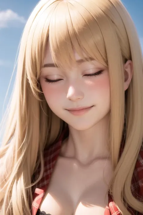 smile closing eyes, absurdres, 1girl, blonde hair, blush, (realistic:1.3), (blue eyes:0.7), (blonde hair:0.3), (twintails:0.4),