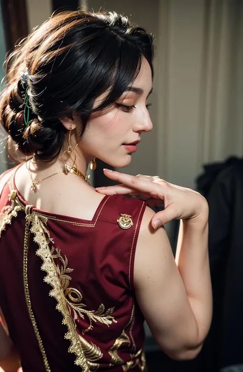 a woman, portrait, wearing elegant dress, (((in bedroom))),Overhead camera, sharp focus, handsome,plump legs, skinny,professional lighting,city, eyelines,gold necklace,rendered eyes,tall body,adult woman,hair ornament,instagram most viewed,official wallpaper, official art,(kpop idol), mini skirt, half-closed eyes,building,((photorealistic painting art by midjourney and greg rutkowski)),((supermodel))