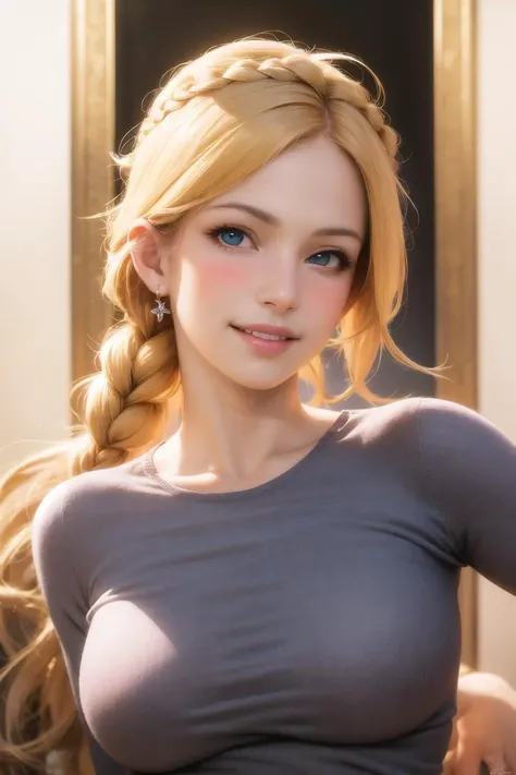 epic lighting, smile, absurdres, 1girl, blonde hair, blush, (realistic:1.8), (blue eyes:0.7), (blonde hair:0.3), french braid