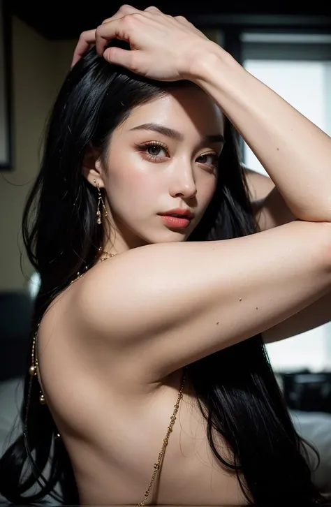 a woman, portrait, wearing elegant dress, (((in bedroom))),Overhead camera, sharp focus, handsome,plump legs, skinny,professional lighting,city, eyelines,gold necklace,rendered eyes,tall body,adult woman,hair ornament,instagram most viewed,official wallpaper, official art,(kpop idol), mini skirt, half-closed eyes,building,((photorealistic painting art by midjourney and greg rutkowski)),((supermodel))