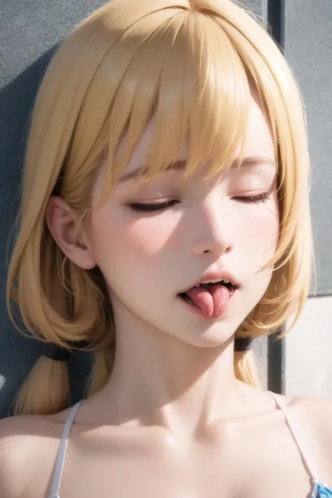 tongue out, closing eyes, absurdres, 1girl, blonde hair, blush, (realistic:1.3), (blue eyes:0.7), (blonde hair:0.3), (twintails:0.4),