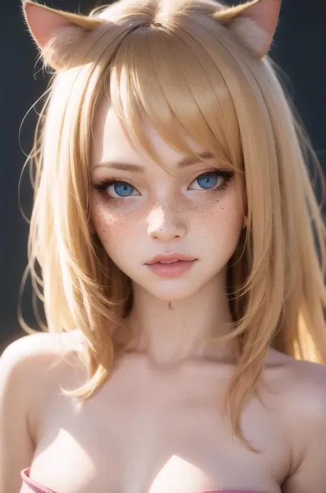 freckles, (moles:0.2), cat eyes makeup, absurdres, 1girl, blonde hair, blush, (realistic:1.8), (blue eyes:0.7), (blonde hair:0.3), (twintails:0.4), tsundere