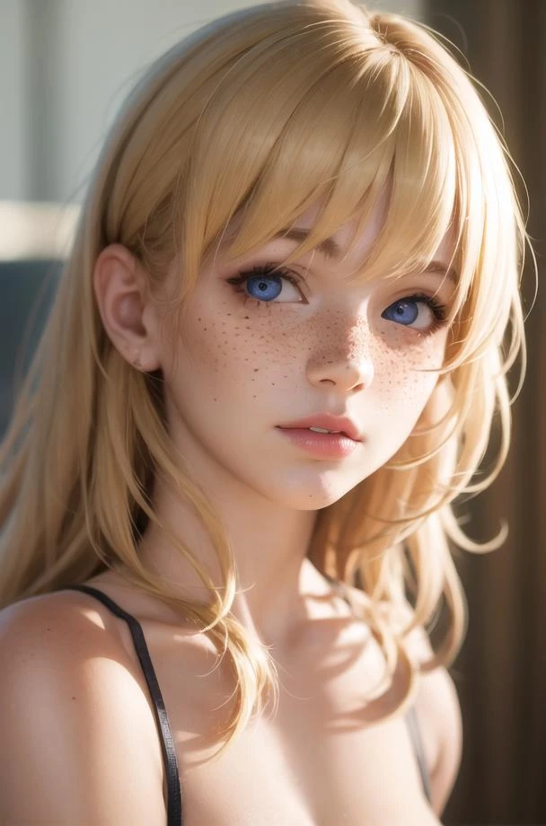 freckles, (moles:0.1),makeup, absurdres, 1girl, blonde hair, blush, (realistic:1.8), (blue eyes:0.7), (blonde hair:0.3), (twintails:0.4), yandere