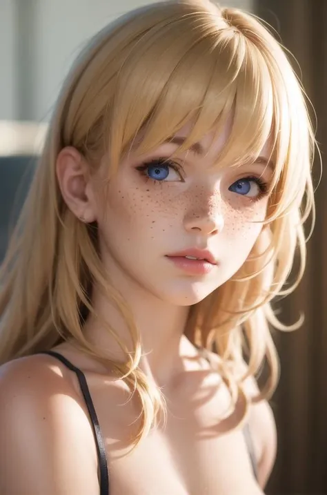 freckles, (moles:0.1),makeup, absurdres, 1girl, blonde hair, blush, (realistic:1.8), (blue eyes:0.7), (blonde hair:0.3), (twintails:0.4), yandere