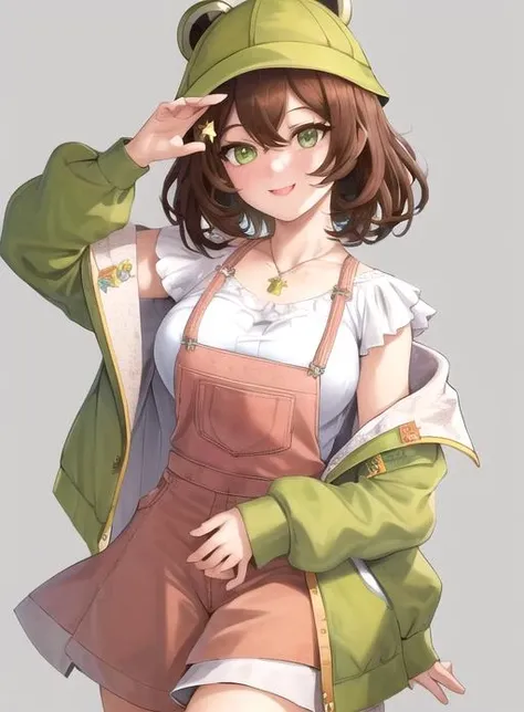 best quality, (masterpiece),(ultra-detailed), (high quality), (high resolution), <lora:sirivt-10:0.7>,1girl, brown hair, freckles, green jacket, hair between eyes, hair ornament, hat, jewelry, looking at viewer, multiple girls, overalls, shoes, short hair, simple background, sirivt, smile, solo, upper body, white shirt